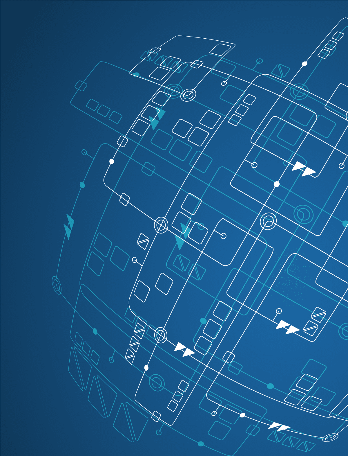 This illustration shows thin pale blue lines with an array of pale circles, triangles, and squares on a darker blue background. The illustration elicits a sense of abstract high-tech connectivity. This image relates to content about the AML software and GRC software solutions of AML Partners and its RegTechONE platform for AML software.