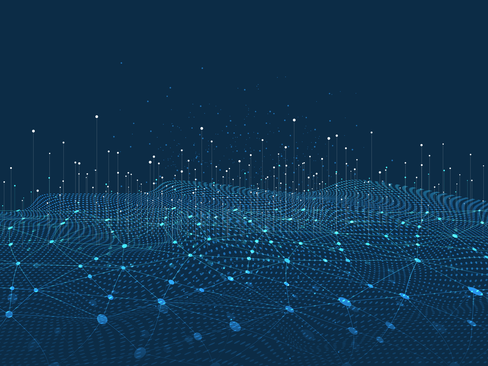 This is abstract art in various shades of blue. It suggests high-tech. There is a visually networked field of lines and dots with some lines moving upwards vertically. The image suggests hi-tech and dynamic movement across a networked field. The image is shared on the website of AML Partners. AML Partners designs RegTech platform software, AML software, KYC software, and more AML Compliance solutions and GRC tools.